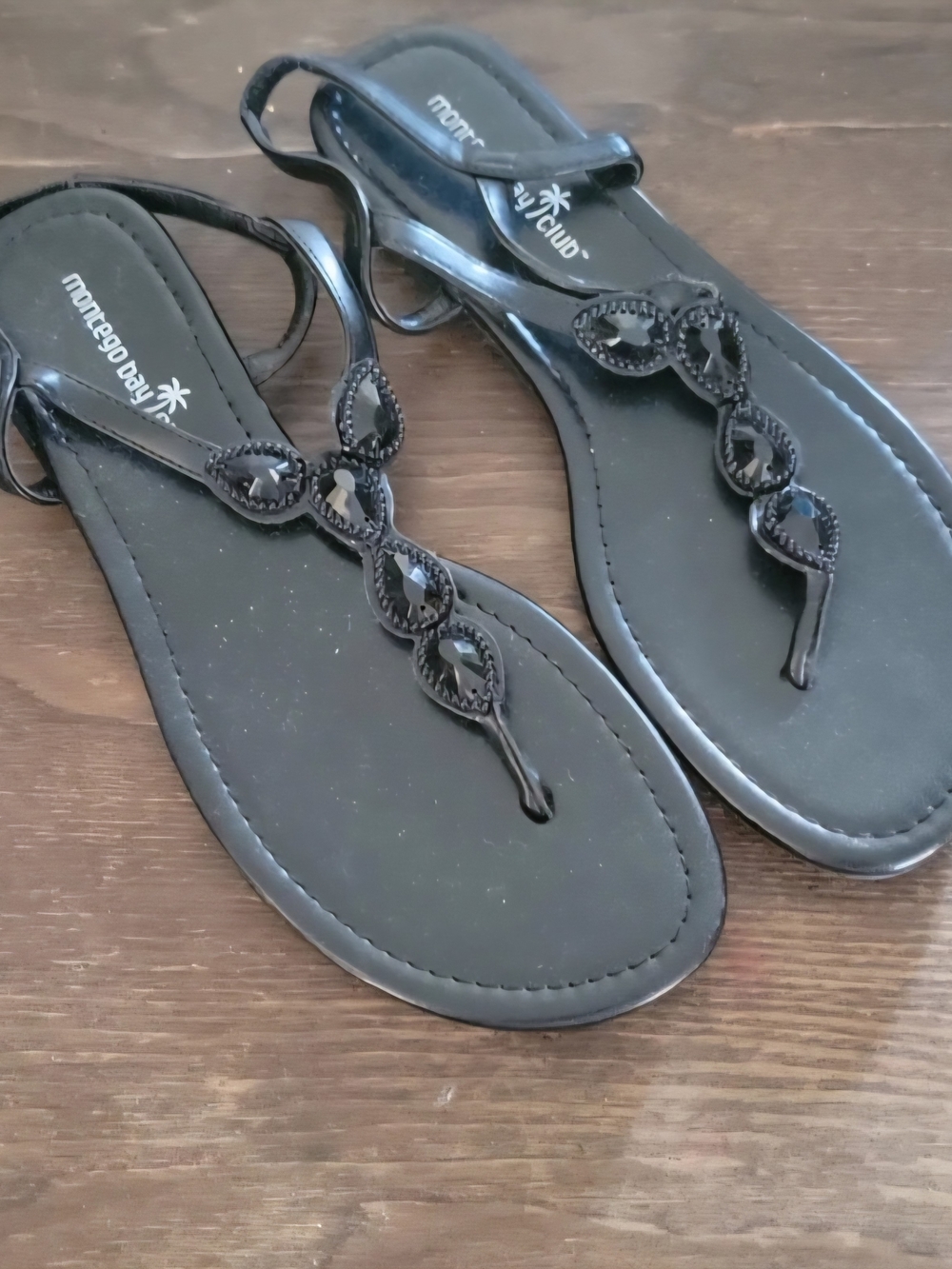 Montego Bay Club Black Jeweled T-Strap Sandals for Women